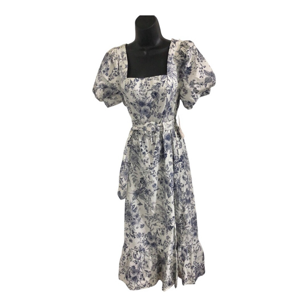 Cream‎ blue floral puff sleeve belted smocked square neck nap dress size medium - Picture 10 of 17